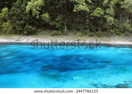Jiuzhaigou, Sichuan, China, Asia - 09 23 2011 : Exterior landscape photo view of an amazing beautiful mind blowing turquoise blue lake river pond in the Jiuzhaigou valley in this Chinese province