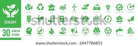 Ecology Solid icons set. Ecology, recycle, forest, electric bike, nature, eco-friendly, wind power, green, biogas and organic. Vector illustration.