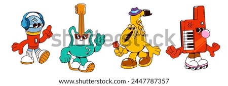 Retro music character from 90s cartoon vector. 80s vintage disco party comic design element. Karaoke microphone, groovy guitar and saxophone instrument nostalgia collection for rock event in pub