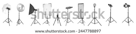 Collection of professional equipment for photo studio on white background