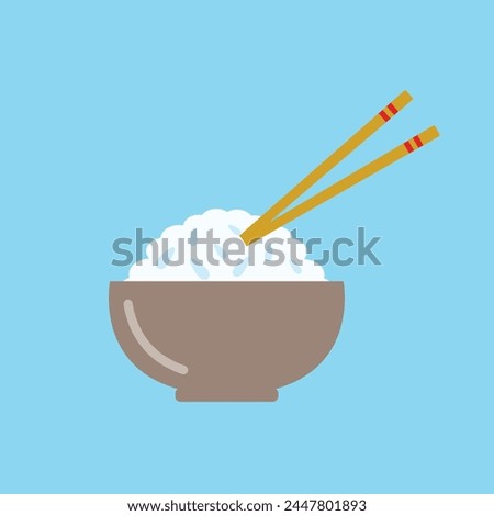 Rice bowl with chopsticks on blue background vector illustration. Cute cartoon food.