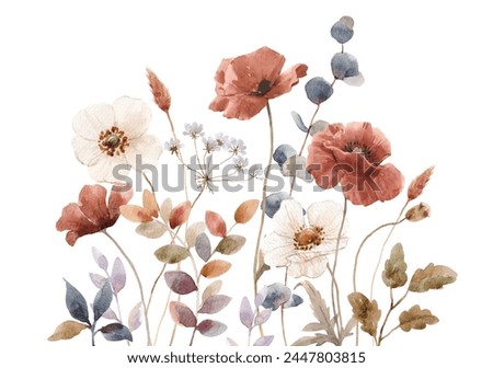 Beautiful floral composition with watercolor hand drawn gentle autumn fall flowers. Stock floral illustration. Nature clip art.