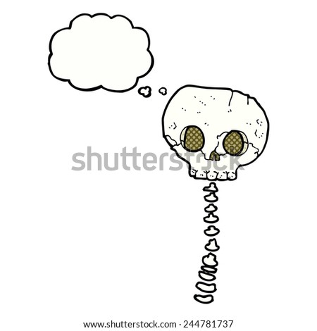 cartoon spooky skull and spine with thought bubble