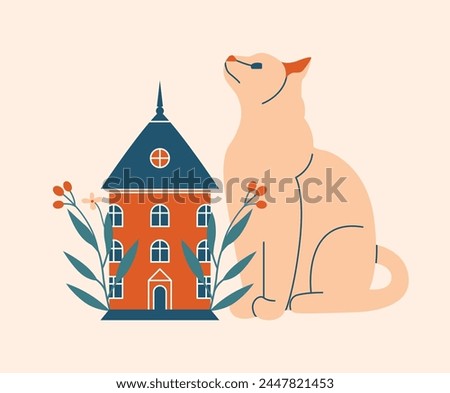 Domestic cat, who sitting near with cartoon house with plants, leaves, berries. Cute clip art with pet, animal, building. Sweet home concept. Kawaii illustration for card, banner, sticker.