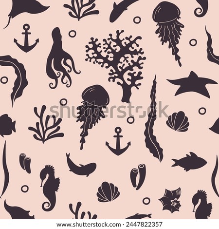 monochrome seamless pattern with sea animals silhouettes