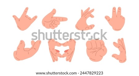 Male cartoon hands showing different gesture fingers position big set icon vector flat illustration. Human arms gesturing rock heavy metal pointing forefinger half heart shape fist asking help