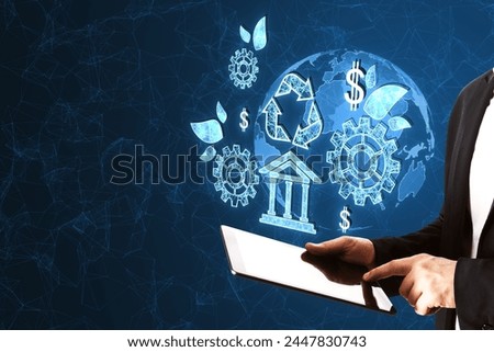 Close up of male hands using tablet with creative esg hologram on polygonal blue background with mock up place. Business and organization, Environment, Social, Governance concept