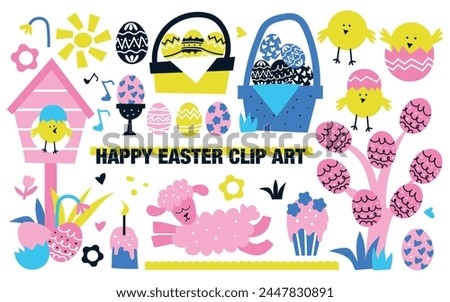 Happy Easter clip art: drawing of cupcake, Kulich cake with lit candle, baskets of eggs, chickens, sheep. Colorful Vector isolated on white. Design elements for print and greetings