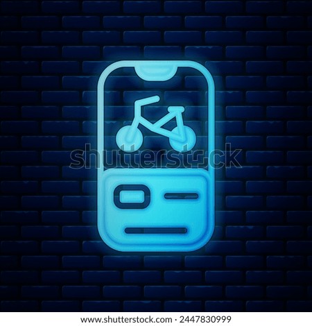 Glowing neon Bicycle rental mobile app icon isolated on brick wall background. Smart service for rent bicycles in the city. Mobile app for sharing system.  Vector