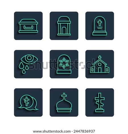 Set line Grave with cross, Church tower, tombstone, star of david, Tear cry eye, Coffin and building icon. Vector