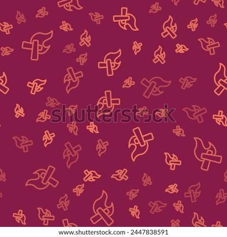 Brown line Campfire icon isolated seamless pattern on red background. Burning bonfire with wood.  Vector