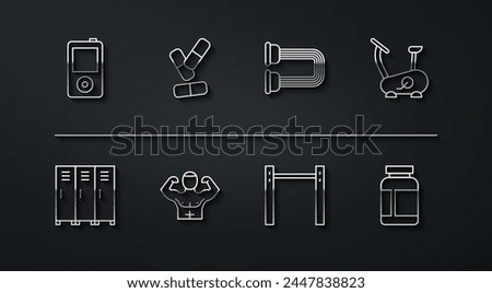 Set line Music player, Locker or changing room, Stationary bicycle, Horizontal bar, Bodybuilder muscle, Vitamin pill, Sports nutrition and Chest expander icon. Vector