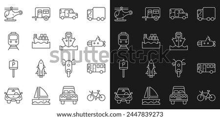 Set line Bicycle, Bus, Submarine, Minibus, Cargo ship with boxes, Train and railway, Helicopter and  icon. Vector
