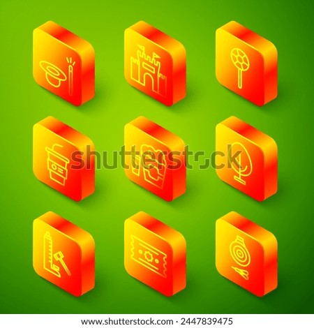 Set line Magic hat and wand, Castle, Lollipop, Paper glass with water, Popcorn in box, Tree, Striker attraction hammer and Ticket icon. Vector Royalty-Free Stock Photo #2447839475