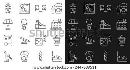 Set line Bumper car, Paper glass with water, Arcade game machine, Stacks paper money cash, Hot air balloon, Sun protective umbrella, Classic dart board and arrow and Water slide icon. Vector Royalty-Free Stock Photo #2447839511