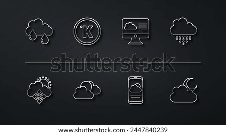 Set line Cloud with rain, snow and sun, Weather forecast, Sun cloud weather, Kelvin, moon and  icon. Vector
