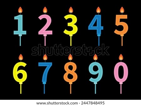 Happy Birthday candle number set. Numbers with fire flame. Different bright color. Flat design. Clip art elements template for invitation, birthday card. White background Isolated. Vector illustration