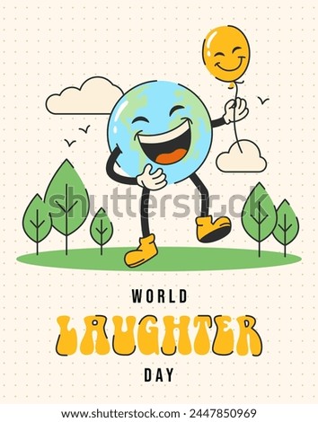 World laughter day. World smile day. Groovy style. Retro earth character with a smile and helium balloon. Earth day. International Happiness Day. Happy cute Earth planet character mascot Royalty-Free Stock Photo #2447850969