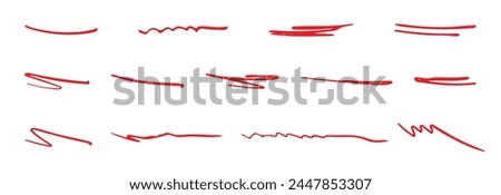 Set of Red Handmade Lines, Brush Underlines lines, Underscores. Hand-drawn collection of various shapes in the doodle style Inscription. Vector illustration Isolated on white. 