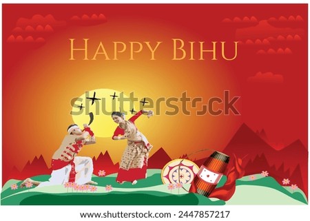 happy bhappy bihu social media poster template., Greeting background with gamosa, japi and pepa for north east Indian Assamese New Year or festival Bihu.
ihu social media poster template., Greeting ba