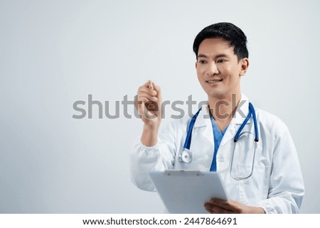 Doctor using clipboard and digital tablet find information patient medical history, isolated on white background. Medical technology concept. 