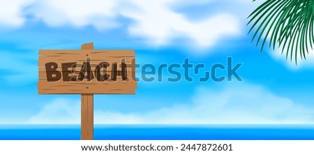 beach wooden sign on sky background summer vacation vector illustration