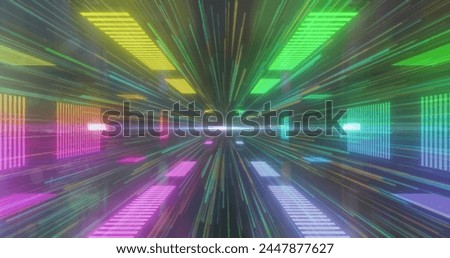 Colourful glowing rectangles moving over green and yellow starburst. vintage colour and movement concept digitally generated image.