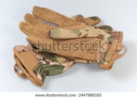 Pair of the beige tactical military gloves made with textile and synthetic leathern on a gray background
 Royalty-Free Stock Photo #2447880185
