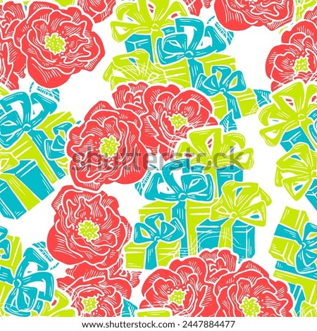 Gift box, ribbon and flowers seamless pattern for wrapping present with bow, party celebration, sale promotion, Textile print, fabric design, banner background. Hand drawn illustration cartoon style.