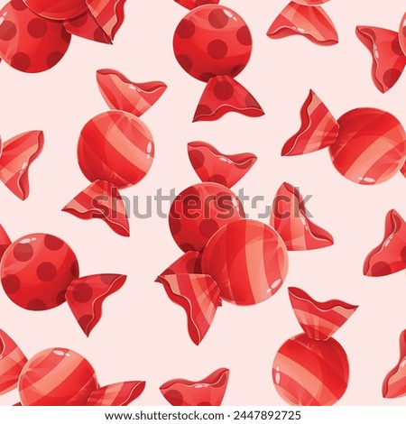 Round sweet candy lollipops in a red wrapper. Vector seamless cartoon pattern.