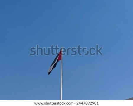 UAE National flag, UAE flag waving in the blue bright sky, national symbol of UAE. United Arab Emirates official flag waving upon white pole.
UAE Official flag