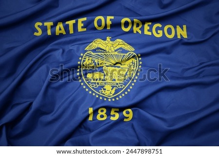 big waving colorful national flag of oregon state. macro shot