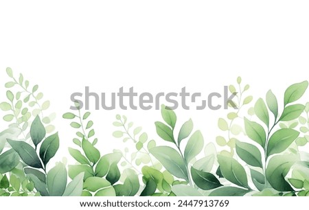 Watercolor spring greenery vector illustration. A fresh and airy spring or summer design element. This hand-painted watercolor illustration features a border of soft green leaves on a crisp white back
