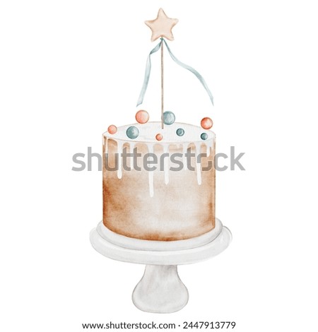 Watercolor birthday cake. Cute hand drawing of a pie in a magic wand in neutral colors. Clip art isolated on white background. Delicate illustration for design of cards and invitations for baby shower