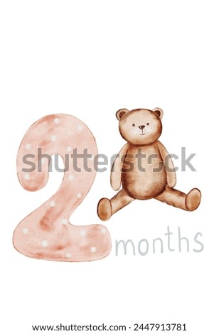 Baby watercolor anniversary card. Illustration with teddy bear and number 2. Cute metric hand drawing with birth month. Clip art isolated on white background. For newborns up to one year in