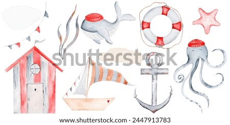 Marine cartoon watercolor set. Hand drawn drawings of nautical creatures and objects. House, octopus, flags, whale, seaweed, boat with sail, lifebuoy and starfish. Clip art in soft pastel colors on an