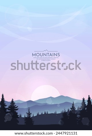Sunset landscape in the mountains. Silhouettes of trees in the foreground. Mountain ranges and forest. Colorful sky. Design for poster, wallpaper, background, cover, brochure. Royalty-Free Stock Photo #2447921131