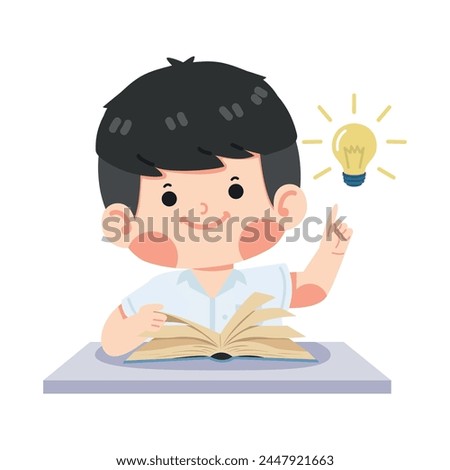 Kid student reading book with idea lamp