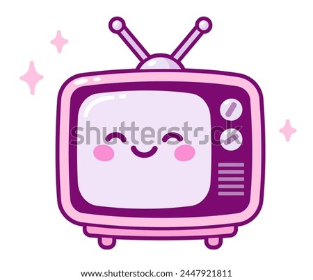 Kawaii pink TV set drawing with funny smiling face. Simple and cute cartoon vector clip art illustration.