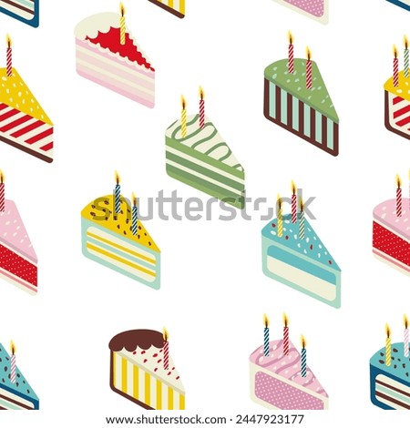 Seamless birthday pattern. Colorful cakes with cream and burning candles. Pieces of sliced ​​cake. For packaging, clothing, postcards.