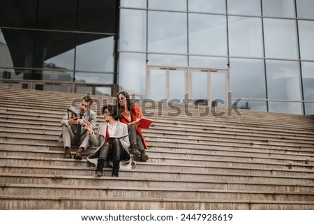 Three business associates engaged in a serious discussion while sitting on stairs outside a modern office building.