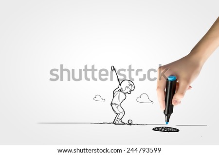 Funny caricature of golf player hitting ball