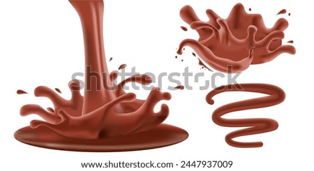 Realistic Hot Chocolate or Cacao Splash Set. Appetizing Liquid Dessert. Vector Illustration for Product Design or Advertising Needs.