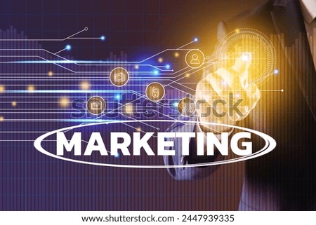Marketing concept. Businessman touching scheme on digital screen against color background, closeup