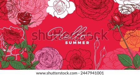 Roses in the background. Vector hand drawn flowers with outline, fills and full vector colors, easy to scale for both online and print projects.