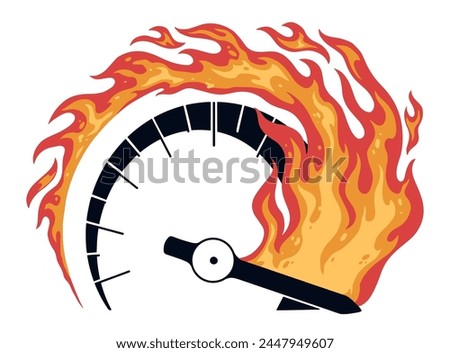Burning vintage label colorful speedometer with fire symbolizing high speed for participation in hellish street car racing vector illustration