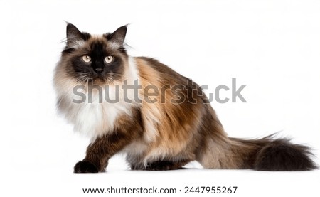 Himalayan Persian, or Colourpoint is a sub breed of long haired cat - felis catus - similar in type to the Persian full body standing profile isolated on white background Royalty-Free Stock Photo #2447955267