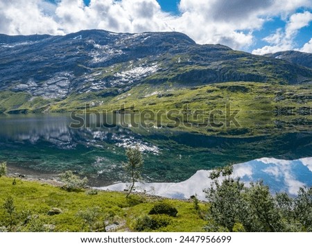Reflection in the blue water of the beautiful mountains on the Gaularfjellet National Tourist route number 13 in Norway, Utsikten, Esebotn, Vestland. In the foreground you can see trees and shrubs.