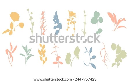 Trendy botanical floral silhouettes set. Minimal plants clip arts. Hand drawn shapes elements collection. Vector flat illustration. Vintage retro design