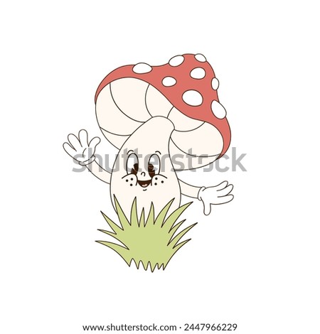 Cute cartoon mascot character mushroom fly agaric waving with the hand vector illustration isolated on white. Retro groovy natural organic healthy food vegetables fruit print poster postcard design